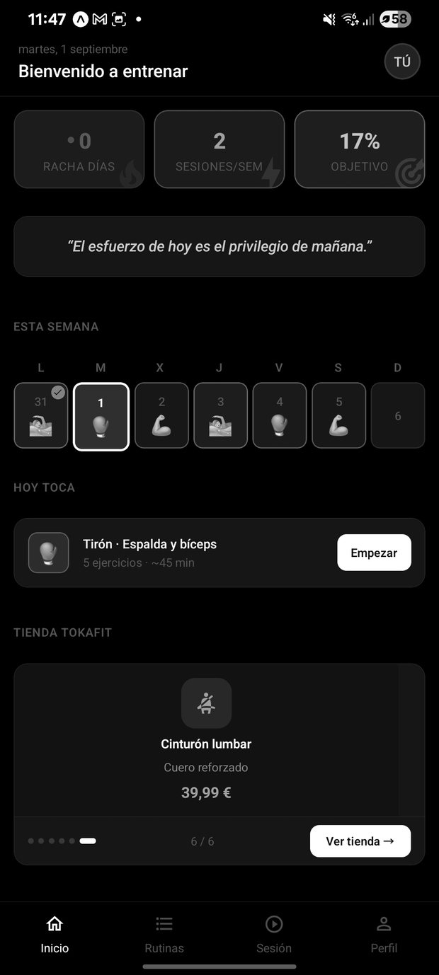 Pantalla de inicio de la app TOKAFIT: racha, sesiones de la semana y rutina del día